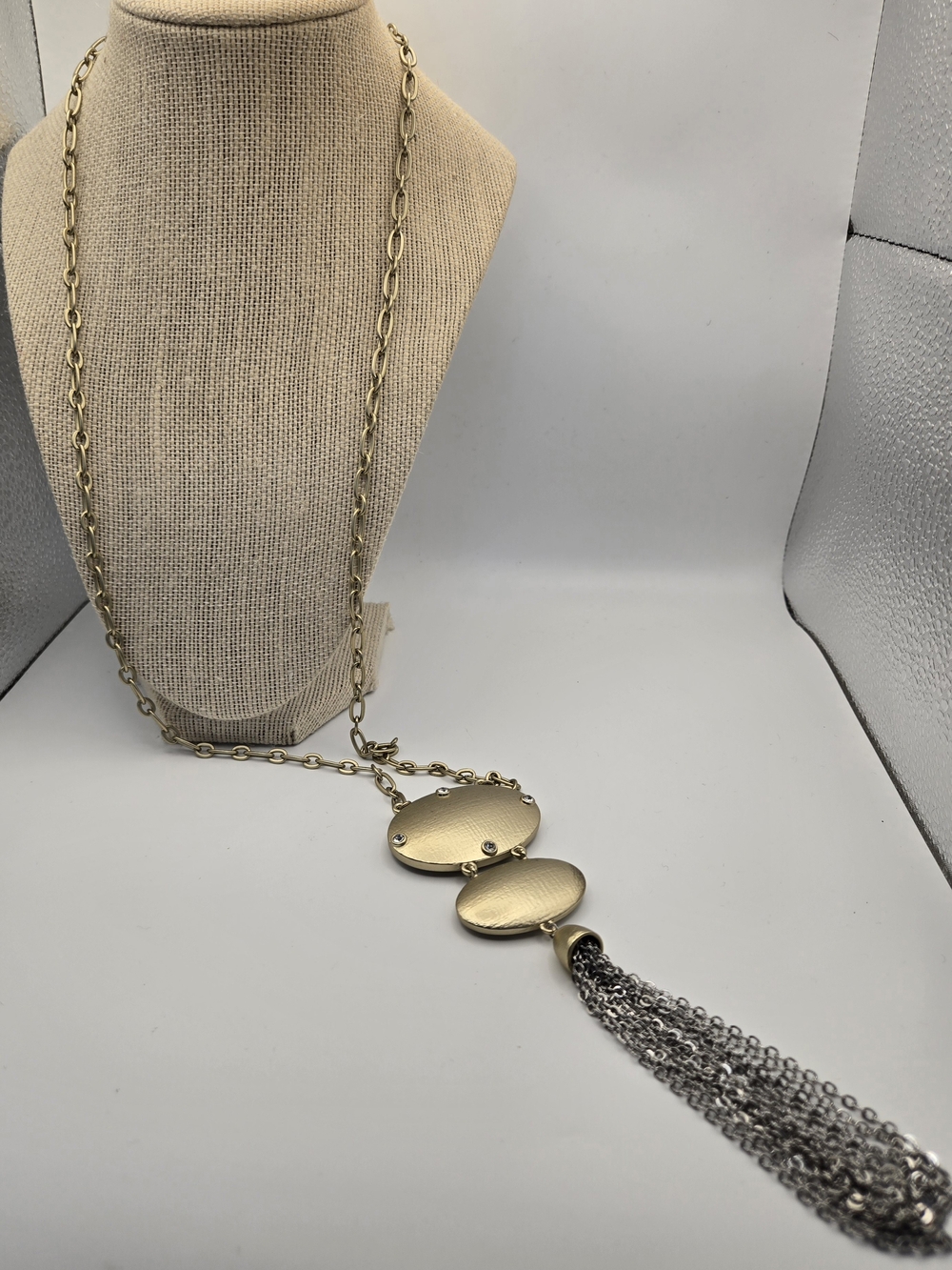 Chico's Gold Silver Reversible Pendant Tassel Necklace Crystal Accent  Boho Chic